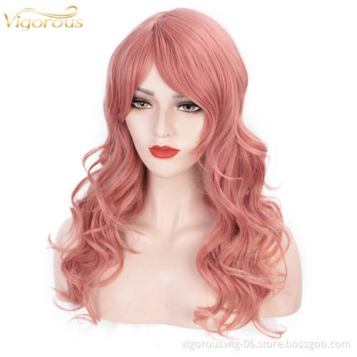 24 Inches Long Wave Hair Extension Wigs Pink Heat Resistant Full Cheap Woman Synthetic Hair Wig With Bangs No Lace Cosplay Use